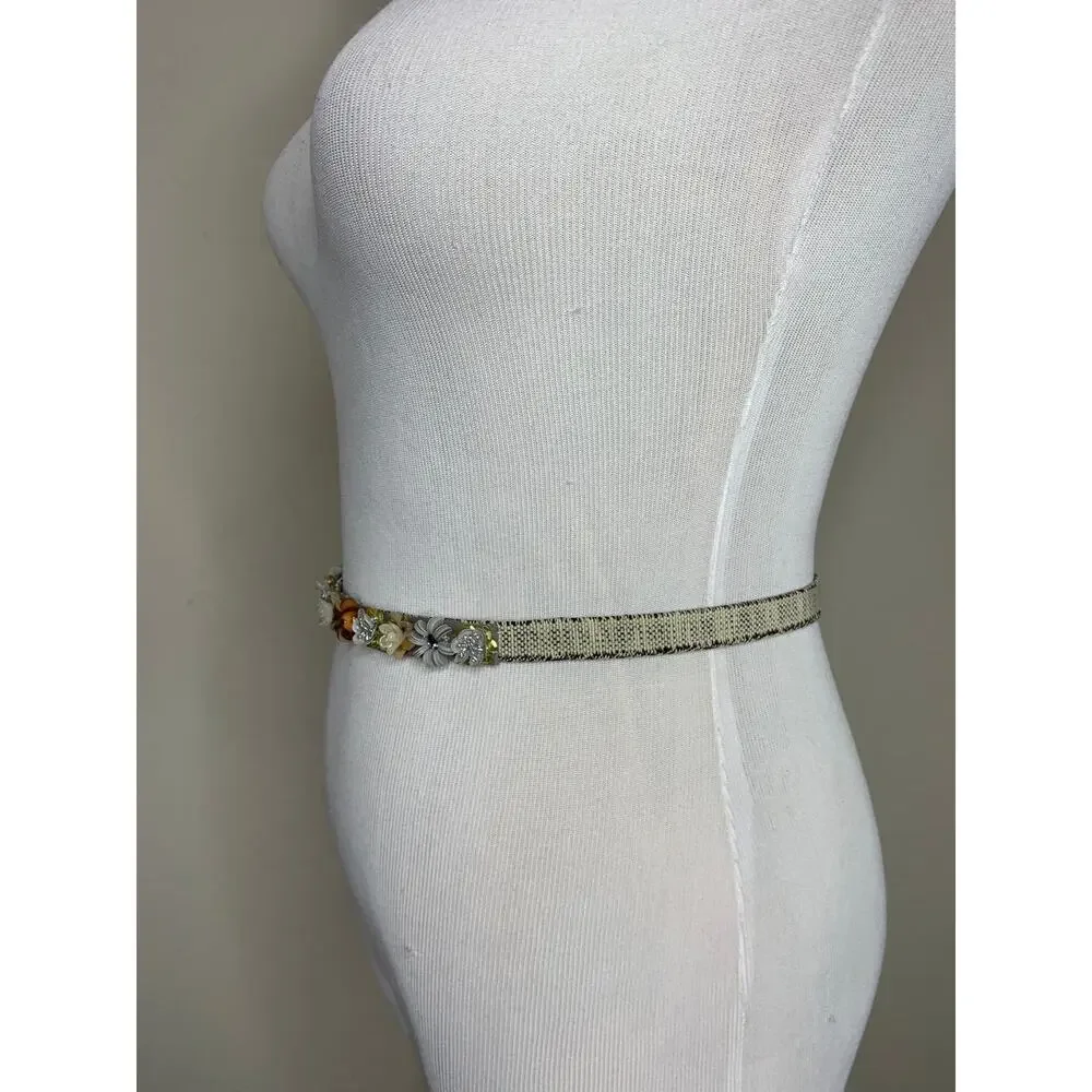 Beaded Flowers Stretch Belt Narrow Boho Shabby Chic Cottage